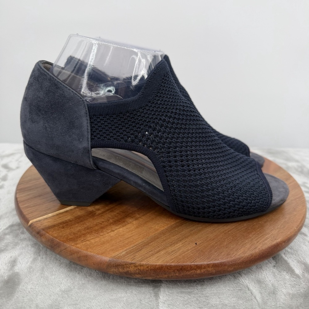 Eileen Fisher Sandals Womens 7.5 Blue Navy Wink Block Heels Open Toe Knit Shoe
